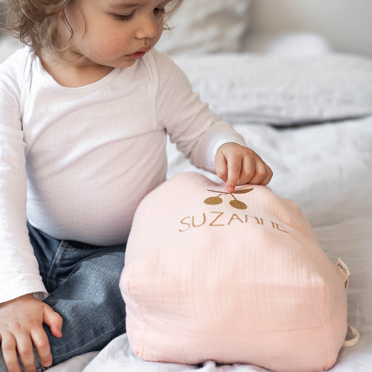 Sac à dos Cadeau bébé personnalisé Rose poudré Gaze de coton