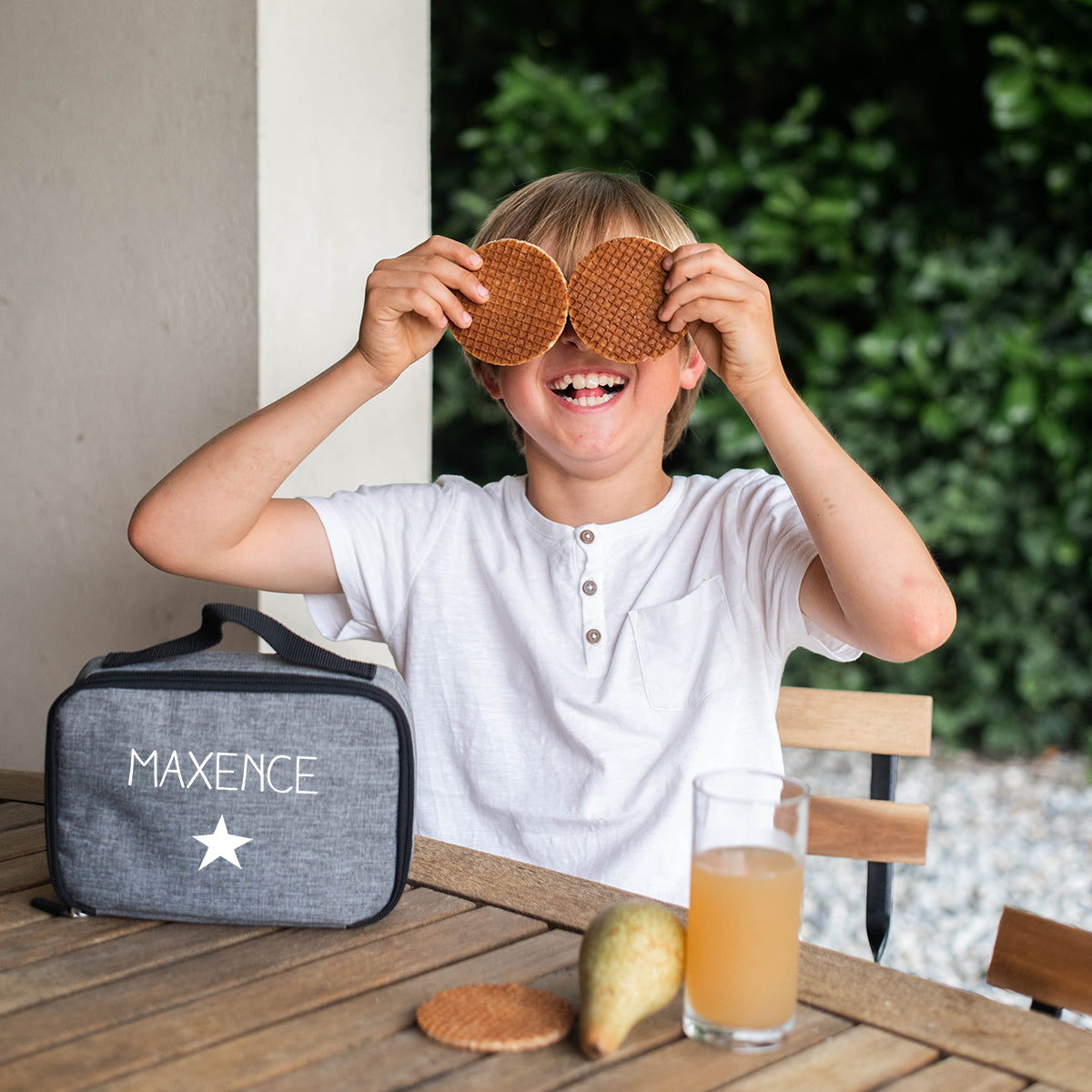 Sac à goûter isotherme Petit modèle Ecole personnalisé gris chiné