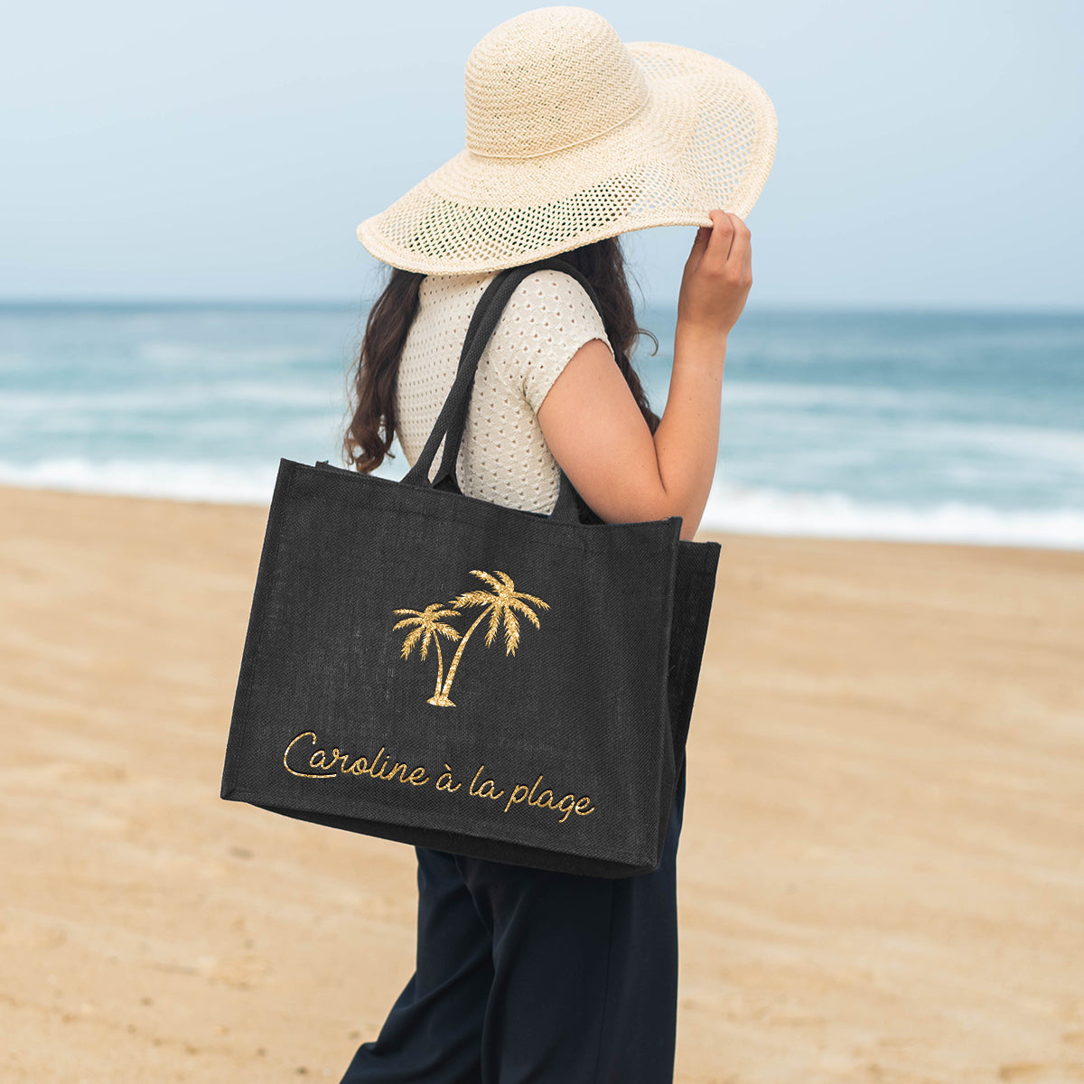 Cabas de plage personnalisé Toile de jute noire