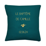 Coussin Cadeau Baptême / Communion personnalisé Bleu pétrole Lin