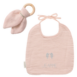KIT Anneau dentition + Bavoir Cadeau Naissance Beige rosé personnalisé Gaze de coton