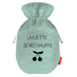 Bouillotte Saint Valentin en lin de couleur vert amande personnalisée