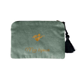 Pochette velours Baptême et Communion Kaki personnalisée