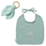 KIT Anneau dentition + Bavoir Cadeau Naissance Vert amande personnalisé Gaze de coton