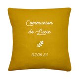 Coussin Cadeau Baptême / Communion personnalisé Jaune moutarde Lin
