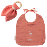 KIT Anneau dentition + Bavoir Cadeau Naissance Rose personnalisé Gaze de coton
