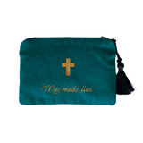Pochette velours Baptême et Communion Bleue personnalisée