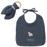 KIT Anneau dentition + Bavoir Cadeau Naissance Bleu pétrole personnalisé Gaze de coton