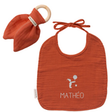 KIT Anneau dentition + Bavoir Cadeau Naissance Terracotta personnalisé Gaze de coton