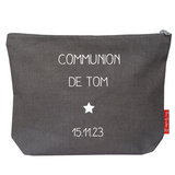 Pochette Cadeau Baptême / Communion personnalisé Gris ardoise lin