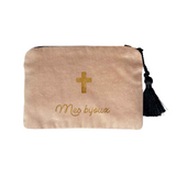 Pochette velours Baptême et Communion Rose poudré personnalisée
