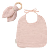 KIT Anneau dentition + Bavoir Cadeau Naissance Beige rosé personnalisé Gaze de coton
