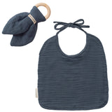 KIT Anneau dentition + Bavoir Cadeau Naissance Bleu pétrole personnalisé Gaze de coton