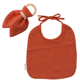 KIT Anneau dentition + Bavoir Cadeau Naissance Terracotta personnalisé Gaze de coton
