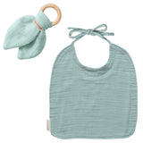 KIT Anneau dentition + Bavoir Cadeau Naissance Vert amande personnalisé Gaze de coton