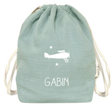 Sac à dos Cadeau Baptême Communion personnalisé Vert amande Gaze de coton